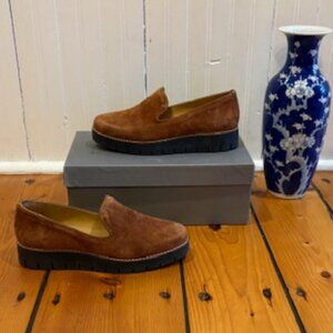 Aquatalia Hayley Platform loafers in taupe suede, Women's size 6 1/2.